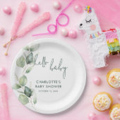 Eucalyptus Botanical Script Baby shower Papieren Bordje (Feest)