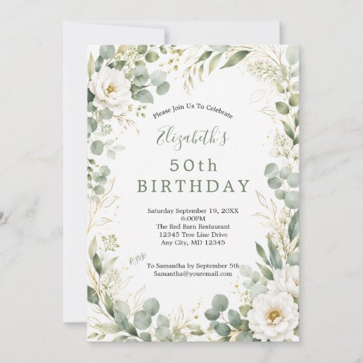 Eucalyptus Botanicals Witte Bloemen 50e Verjaardag Kaart (Voorkant)