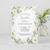 Eucalyptus Botanicals Witte Bloemen 50e Verjaardag Kaart (Staand voorkant)