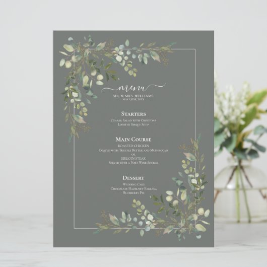 Eucalyptus Botanique Sage Green Menu Mariage (Debout devant)