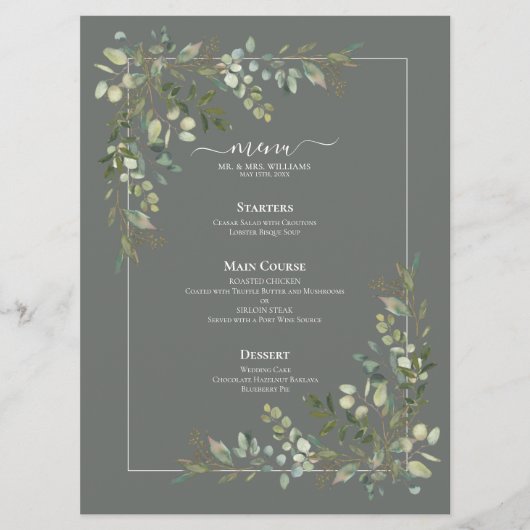 Eucalyptus Botanique Sage Green Menu Mariage (Devant)