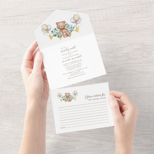 Eucalyptus Botanisch en Beer Baby shower All In One Uitnodiging (Afscheurbaar)