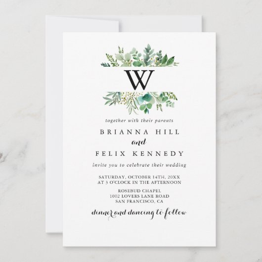 Eucalyptus Botanisch gebladerte Monogram Bruiloft Kaart (Voorkant)