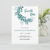 Eucalyptus botanisch rustieke groen minimalistisch save the date (Staand voorkant)