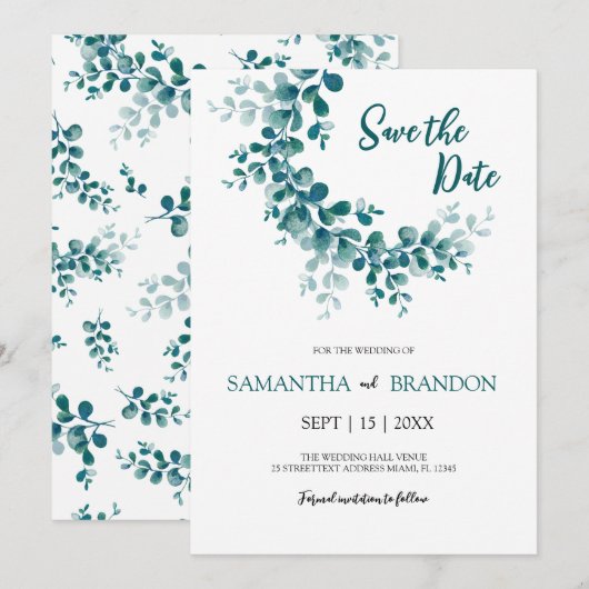 Eucalyptus botanisch rustieke groen minimalistisch save the date (Voorkant / Achterkant)