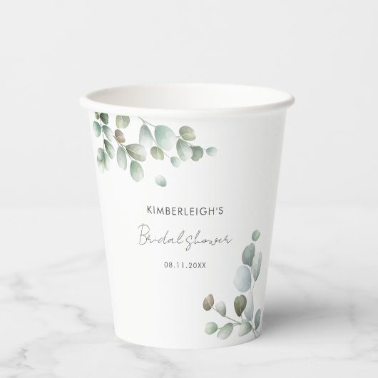 Eucalyptus Botanisch Script Minimal Bruidsmeisje F Papieren Bekers (Voorkant)