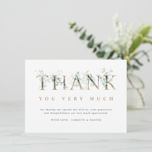 Eucalyptus botanische brief goud bedankkaart (Staand voorkant)