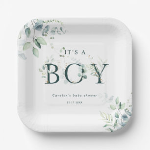 Eucalyptus Botanische Green Letter Boy Baby shower Papieren Bordje