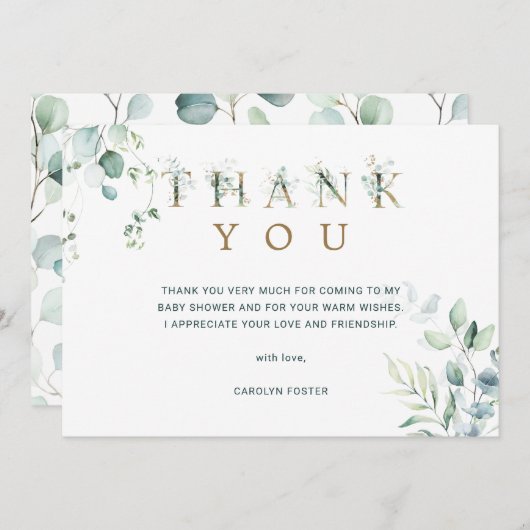 Eucalyptus Botanische Letter Baby Shower Bedankkaart (Voorkant / Achterkant)