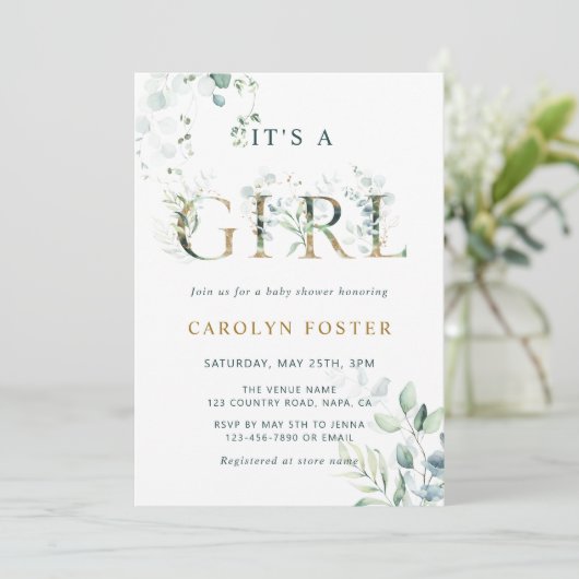 Eucalyptus Botanische Letter Gold Girl Baby shower Kaart (Staand voorkant)