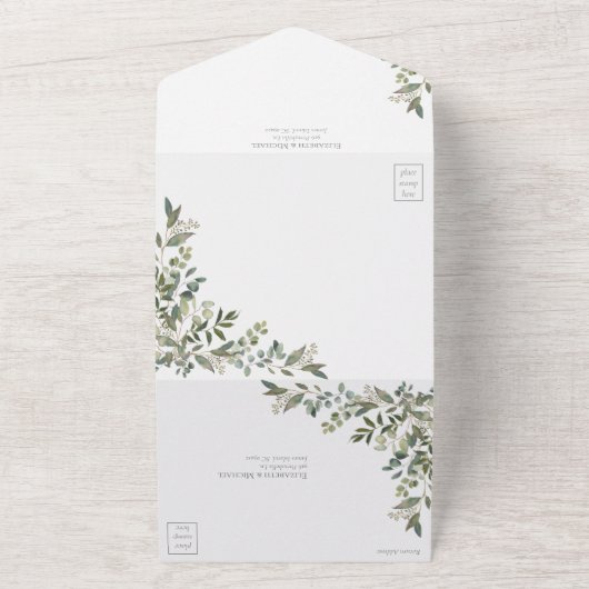 Eucalyptus Botanische Sage Green Script Weddenscha All In One Uitnodiging (Buitenkant)