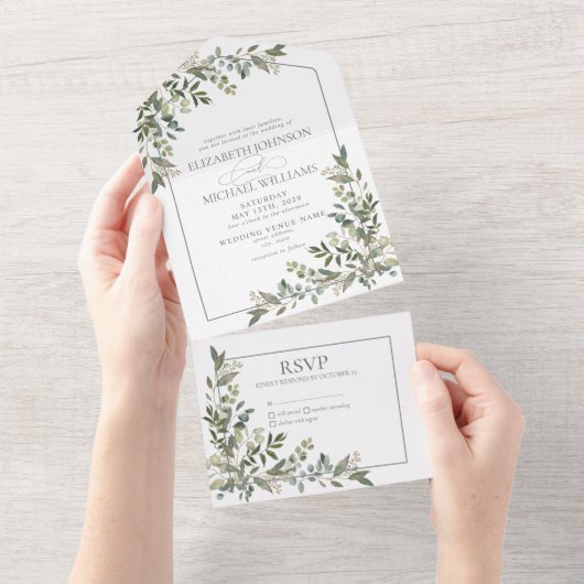 Eucalyptus Botanische Sage Green Script Weddenscha All In One Uitnodiging (Afscheurbaar)