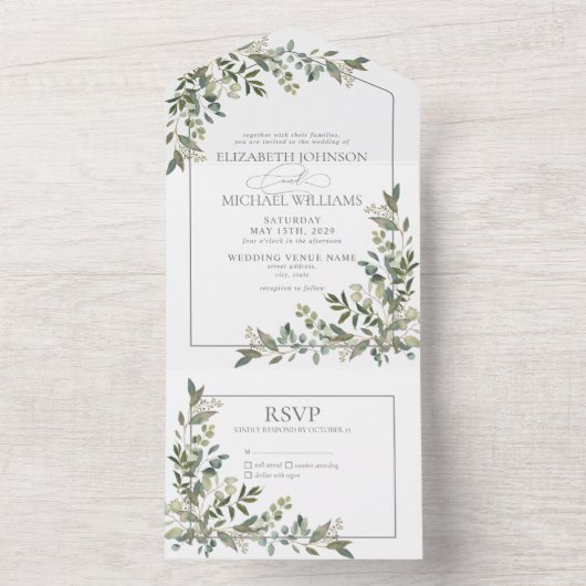 Eucalyptus Botanische Sage Green Script Weddenscha All In One Uitnodiging (Binnen)