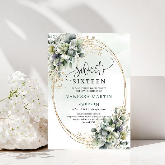 Eucalyptus Botanische Sweet 16 Groen Goud Uitnodig Kaart