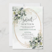Eucalyptus Botanische Sweet 16 Groen Goud Uitnodig Kaart (Voorkant)