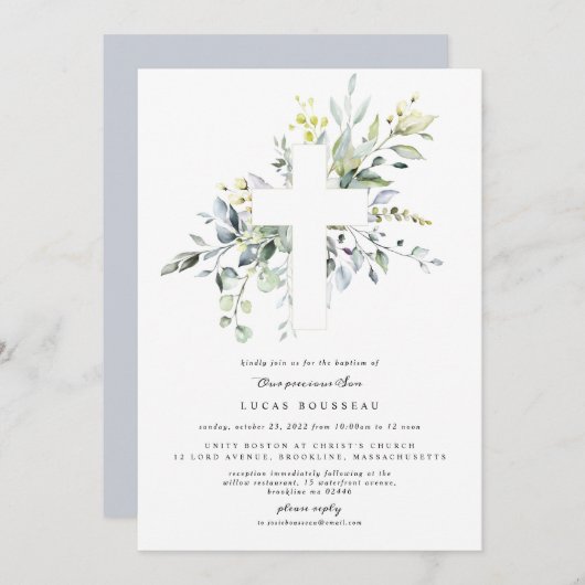 Eucalyptus Boy Baptême Christening Invitation (Devant / Derrière)