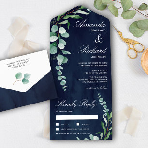 Eucalyptus Branch Foliage Navy Blue Wedding All In One Uitnodiging