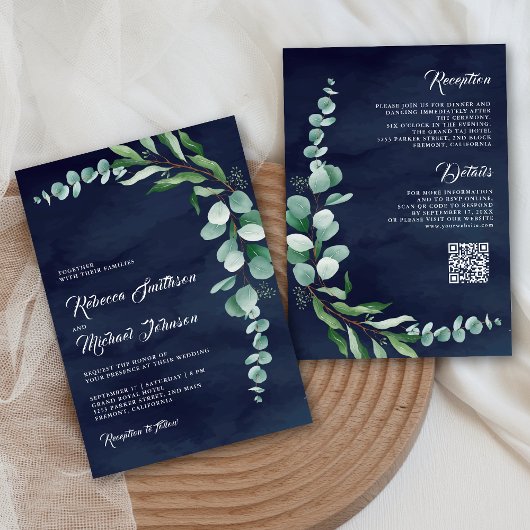 Eucalyptus Branch Navy Blue QR Code Weddenschap Kaart