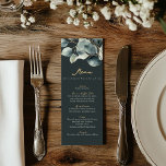 Eucalyptus branche or vert foncé menu mariage<br><div class="desc">Cette élégante carte de table de menu présente un design élégant avec "Menu" écrit dans un script doré raffiné, complété par les noms du couple et la date mariage sous une police serif légère. Chaque titre de cours est magnifiquement affiché dans le même script doré, avec les détails du plat...</div>
