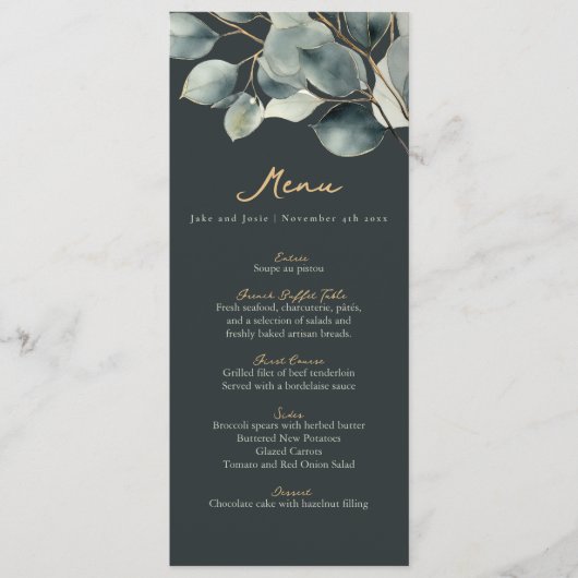Eucalyptus branche or vert foncé menu mariage (Devant)