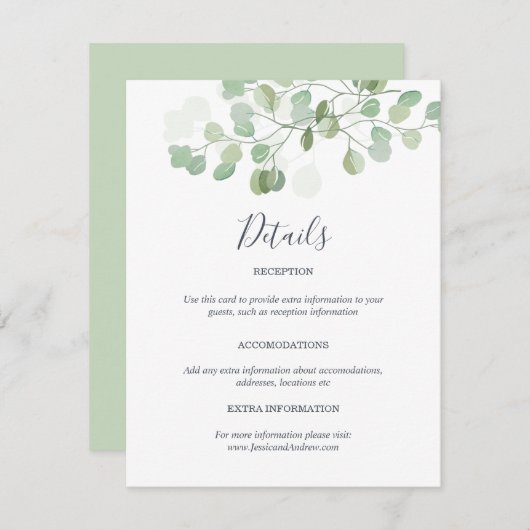 Eucalyptus Bruiloft Gast Informatie Kaart invoegen (Voorkant / Achterkant)