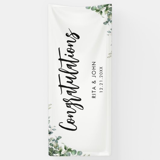 Eucalyptus bruiloft Gefeliciteerd Handschrift Spandoek (Verticaal)