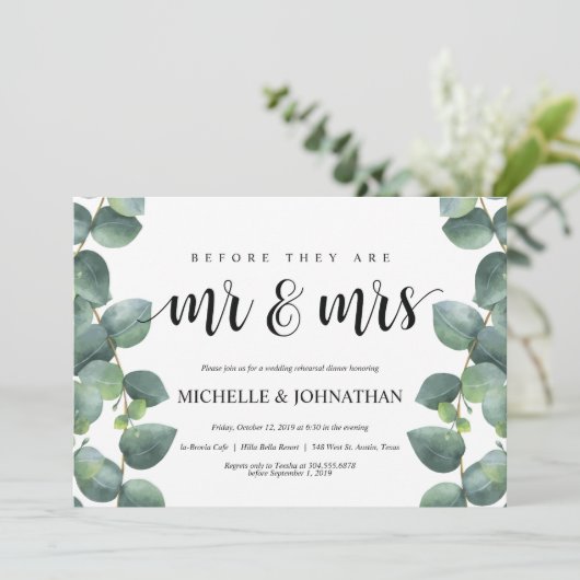 Eucalyptus bruiloft repetitie diner uitnodiging (Staand voorkant)