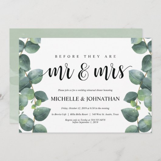 Eucalyptus bruiloft repetitie diner uitnodiging (Voorkant / Achterkant)