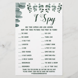 Eucalyptus Bruiloftsreceptie I Spy spelkaart Flyer