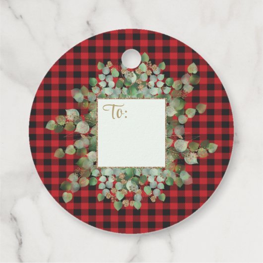 Eucalyptus Buffalo Check Zwart Rood Goud Glitter Bedankjes Labels (Achterkant)