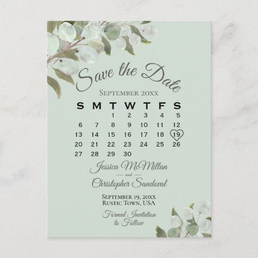 Eucalyptus Calendar Mint Wedding Save the Date Aankondigingskaart (Voorkant)