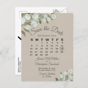 Eucalyptus Calendar Taupe Wedding Save the Date Aankondigingskaart