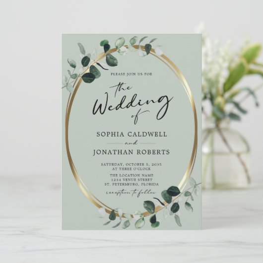 Eucalyptus Calligrafie QR Code RSVP Sage Weddensch Kaart (Staand voorkant)