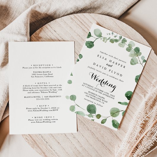 Eucalyptus Calligraphy Front & Back Wedding Kaart
