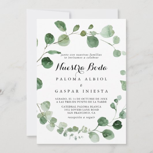Eucalyptus Calligraphy Nuestra Boda Wedding Kaart (Voorkant)