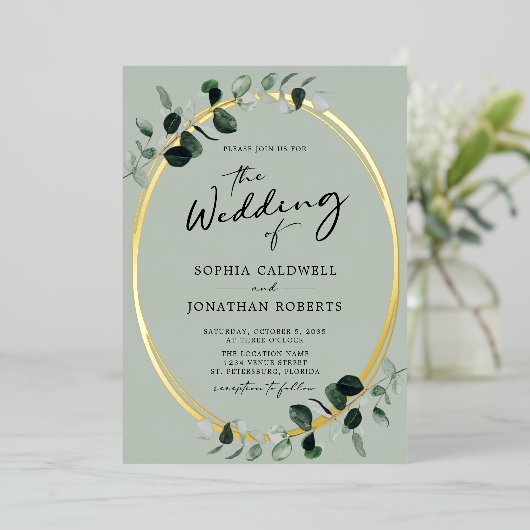 Eucalyptus Calligraphy Sage All-in-One Weddenschap Folie Uitnodiging (Staand Voorkant)
