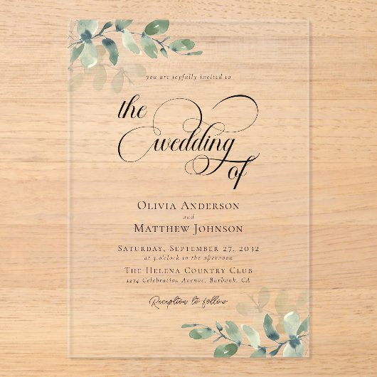 Eucalyptus Calligraphy Script Wedding Acryl Uitnodigingen (Voorkant)