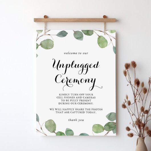 Eucalyptus Calligraphy Unplugged Ceremony Sign Poster