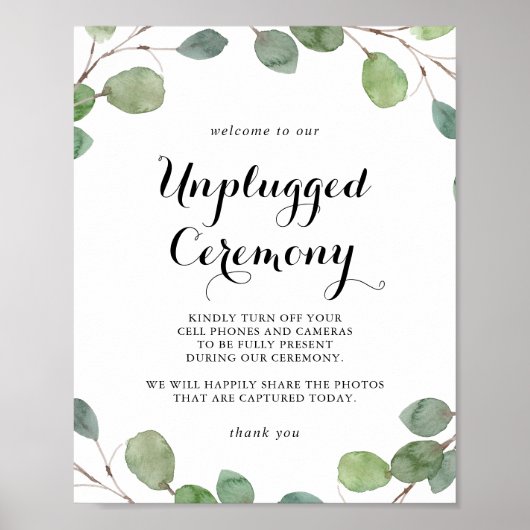 Eucalyptus Calligraphy Unplugged Ceremony Sign Poster (Voorkant)