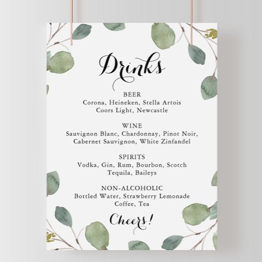 Eucalyptus Calligraphy Wedding Drink Menu Sign Poster