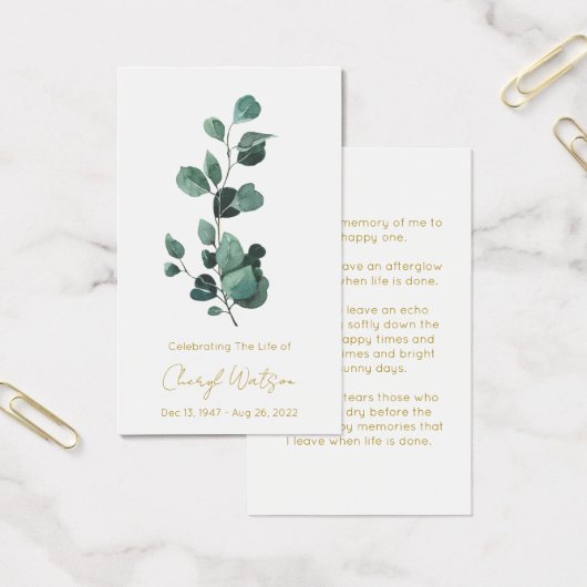 Eucalyptus | Carte de prière simple pour funéraill (Bureau)