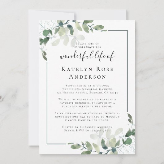 Eucalyptus Célébration de la vie Invitation commém (Devant)