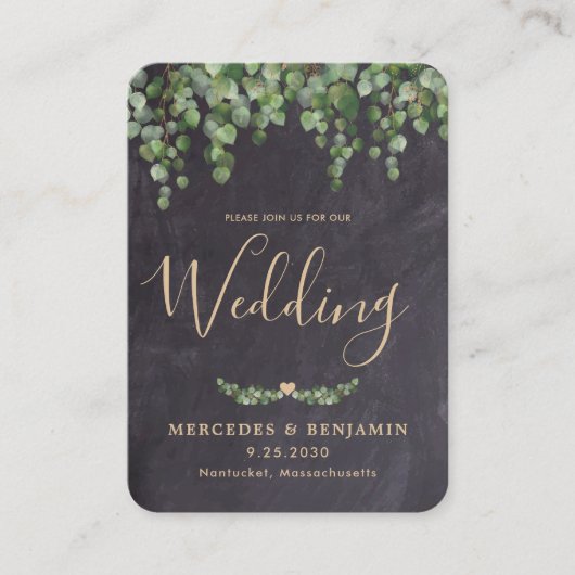 Eucalyptus Chalkboard QR Code Weddenschap Visitekaartje (Voorkant)