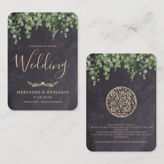 Eucalyptus Chalkboard QR Code Weddenschap Visitekaartje (Voorkant / Achterkant)