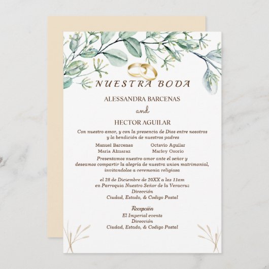 Eucalyptus/champagne Invitation espagnole (Devant / Derrière)