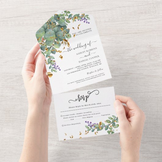 Eucalyptus Confetti Greenery Wedding All In One Uitnodiging (Afscheurbaar)