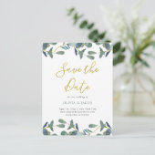 Eucalyptus crest | bladeren en goud sparen de datu briefkaart (Staand voorkant)