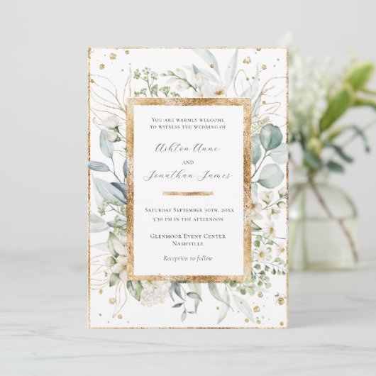 Eucalyptus Daisies Goud Elegant Bruiloft Kaart (Staand voorkant)