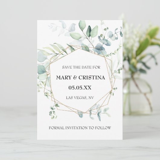 Eucalyptus Design Save the Date Photo Notice Kaart (Staand voorkant)