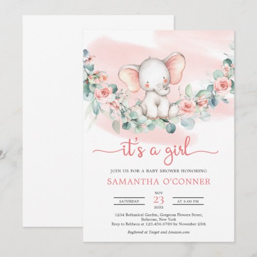 Eucalyptus, een baby olifant met een meisje kaart (Voorkant / Achterkant)